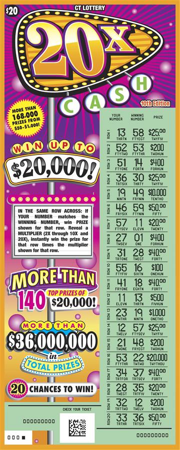 20X Cash 10th Edition scratch game from Connecticut Lottery
