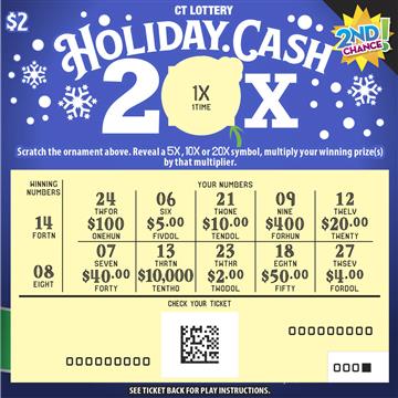 Holiday Cash 20X scratch game from Connecticut Lottery