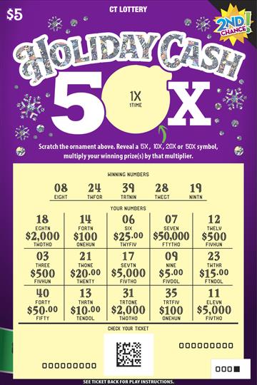 Holiday Cash 50X scratch game from Connecticut Lottery