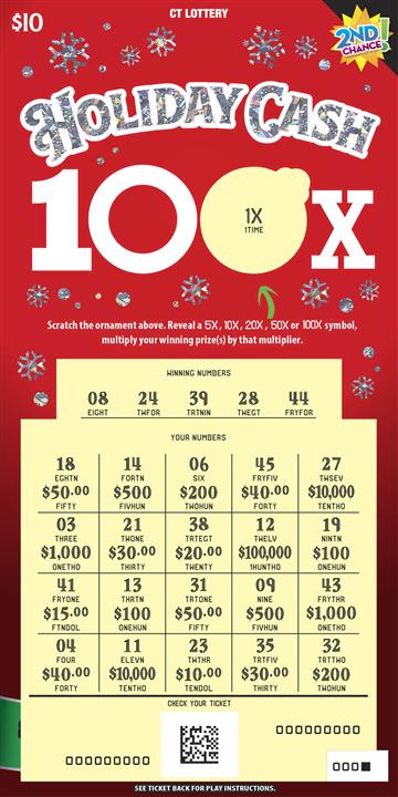Holiday Cash 100X scratch game from Connecticut Lottery