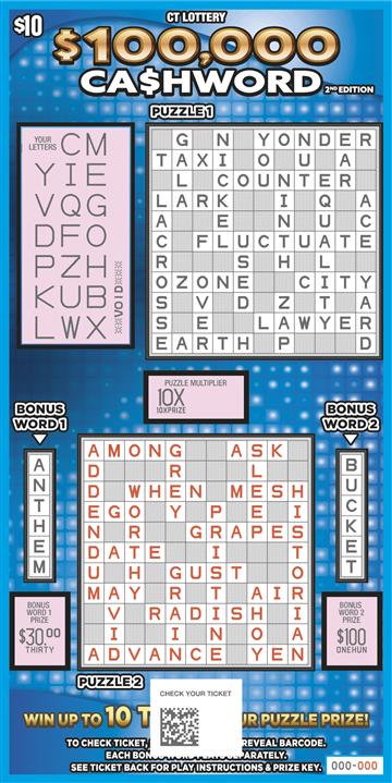 $100,000 CA$HWORD 2nd Edition scratch game from Connecticut Lottery