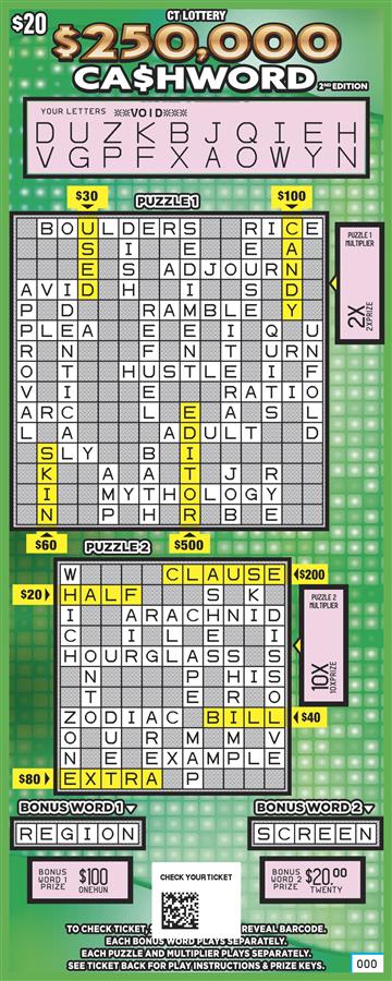 $250,000 CA$HWORD 2nd EDITION scratch game from Connecticut Lottery